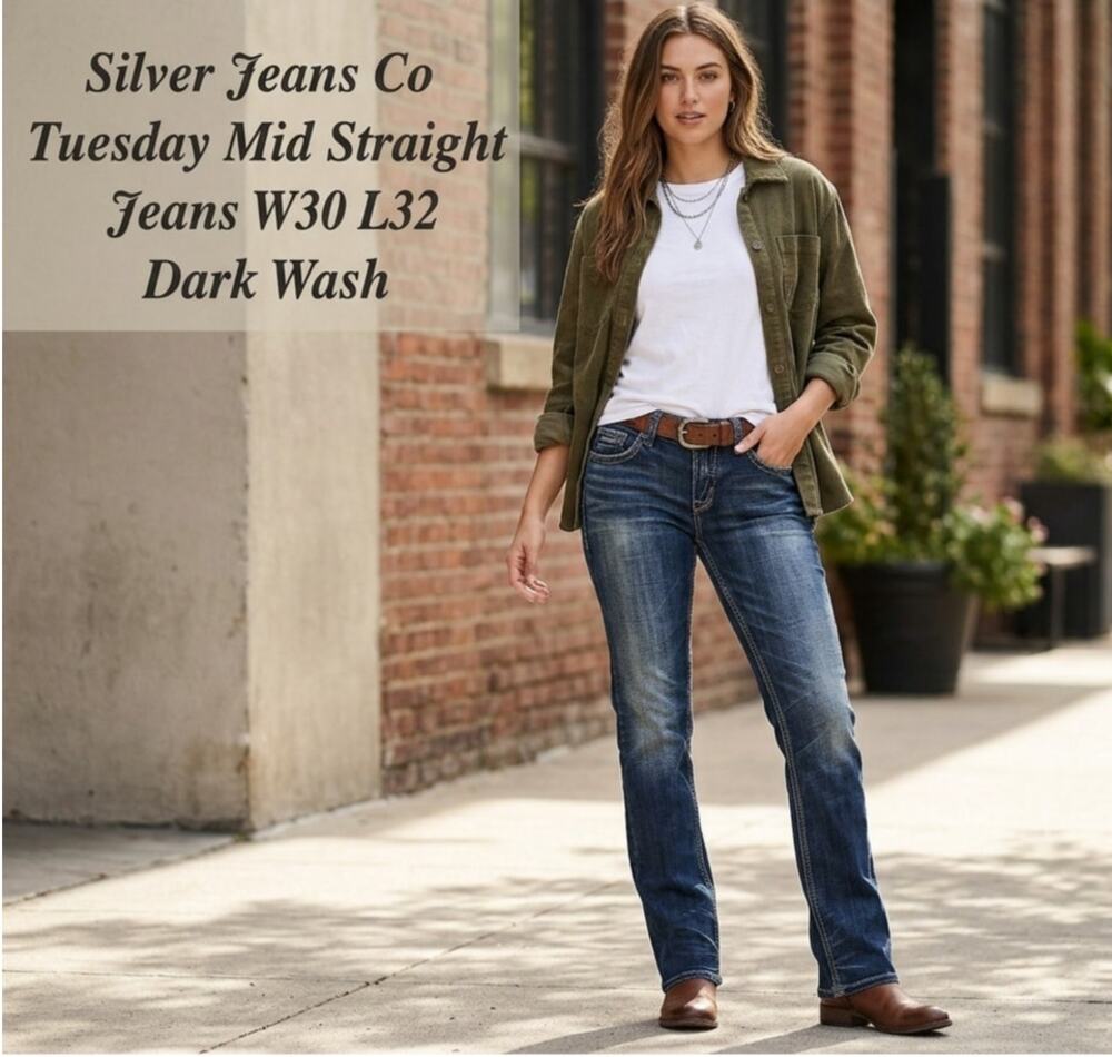 Silver Jeans Co Tuesday Mid Straight Jeans W30 L32 Dark Wash Y2K Whiskered EUC
